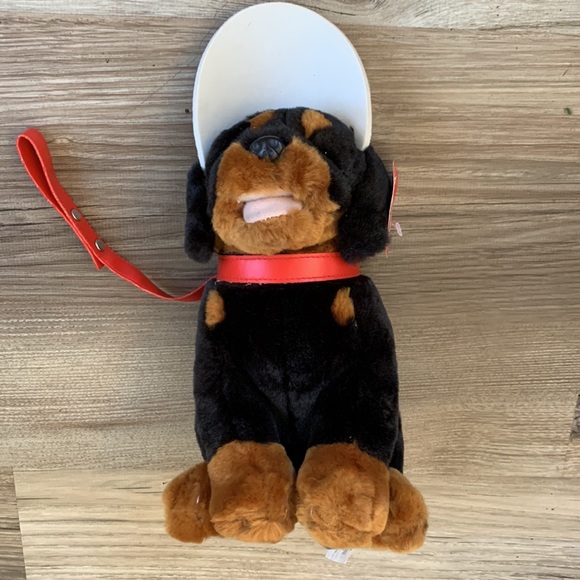 Fiesta Dog Stuffed Rottweiler 2002 original Tags Sitting Puppy Visor Red Leash - Picture 1 of 9